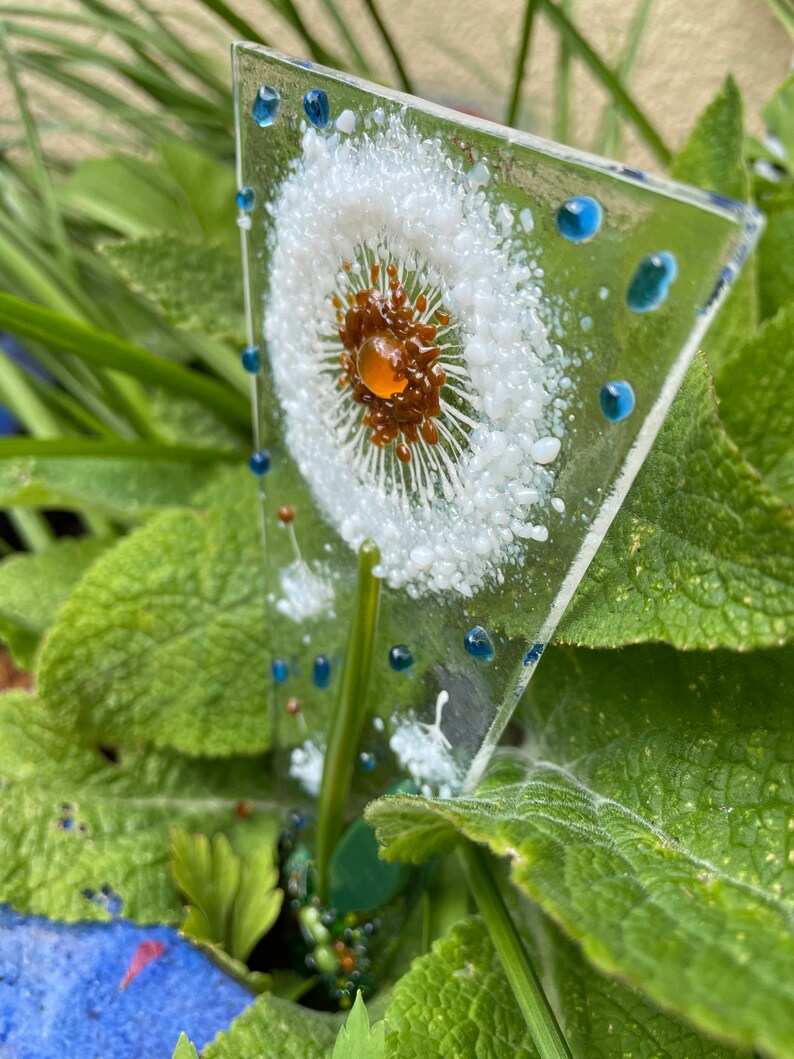 Dandelion head fused glass plant pot stake dandelion wishes Etsy
