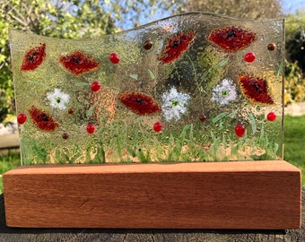 Handmade Fused Glass Poppy Field Candle Shield on Wooden Block