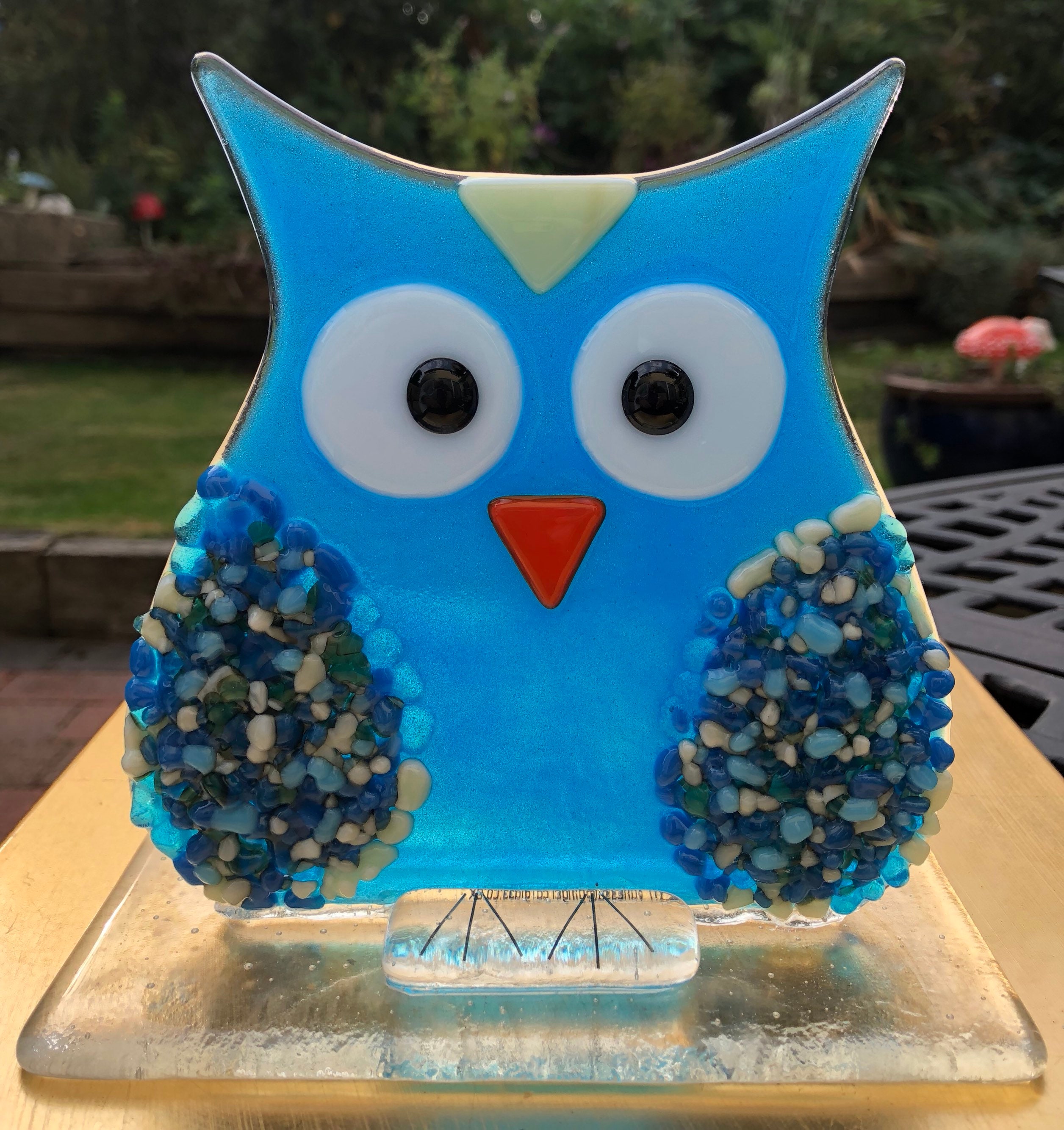 Fused Glass Owl Sculpture: Turquoise Blue Freestanding Owl