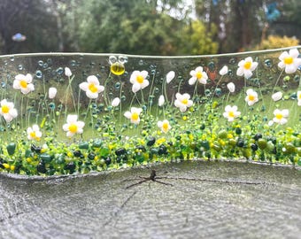 Daisy Meadow Fused Glass Wave: Handmade Floral Artwork