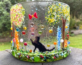 Cat, Bees, flowers and cherry blossom curve-candle/votive curve-cat playing in flower meadow