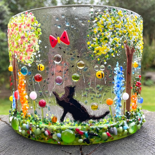 Cat, Bees, flowers and cherry blossom curve-candle curve-cat playing in flower meadow