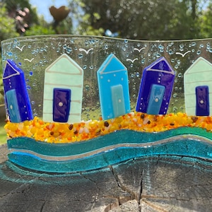 Handmade Fused Glass Beach Hut Wave: Seaside Art (20x10cm)