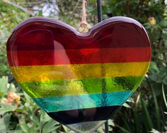 Fused Glass Rainbow Heart Hanger: Handmade Outdoor Decor