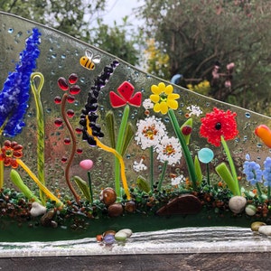 Fused Glass Floral Meadow Wave: Hedgehog, Bee, Ladybird
