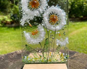 Handmade Fused Glass Dandelion Ornament: Wooden Base Panel