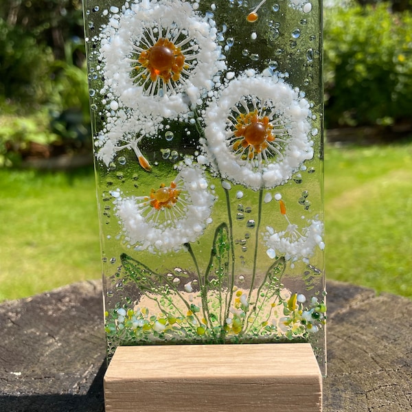 Handmade Fused Glass Dandelion Ornament: Wooden Base Panel