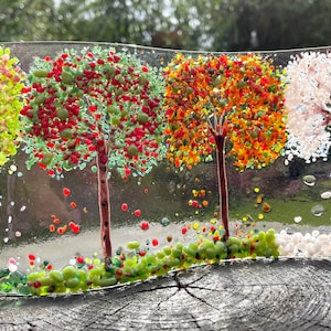 Four Seasons Tree Wave fused glass-Spring summer autumn winter-Trees in a year-Glass trees-Cherry Blossom to snow fused glass trees-