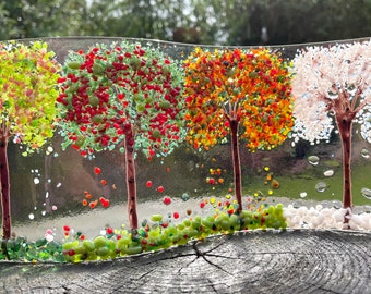 Four Seasons Tree Wave fused glass-Spring summer autumn winter-Trees in a year-Glass trees-Cherry Blossom to snow fused glass trees-