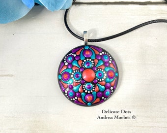 Necklace Chakra colours Unique Mandala designs Handpainted wood slice pendant Three wood slice layers Quirky Wooden Birthday gift.