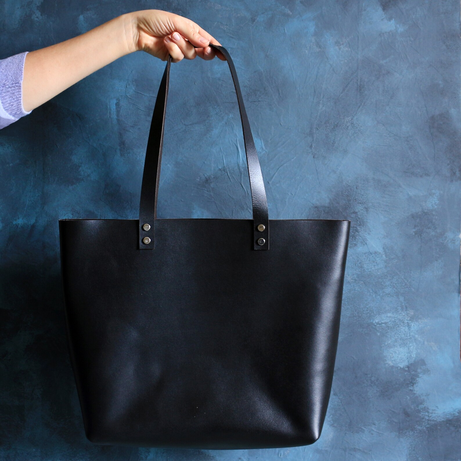 Black leather Tote Sturdy tote Tote bag Tote bag with pockets Etsy
