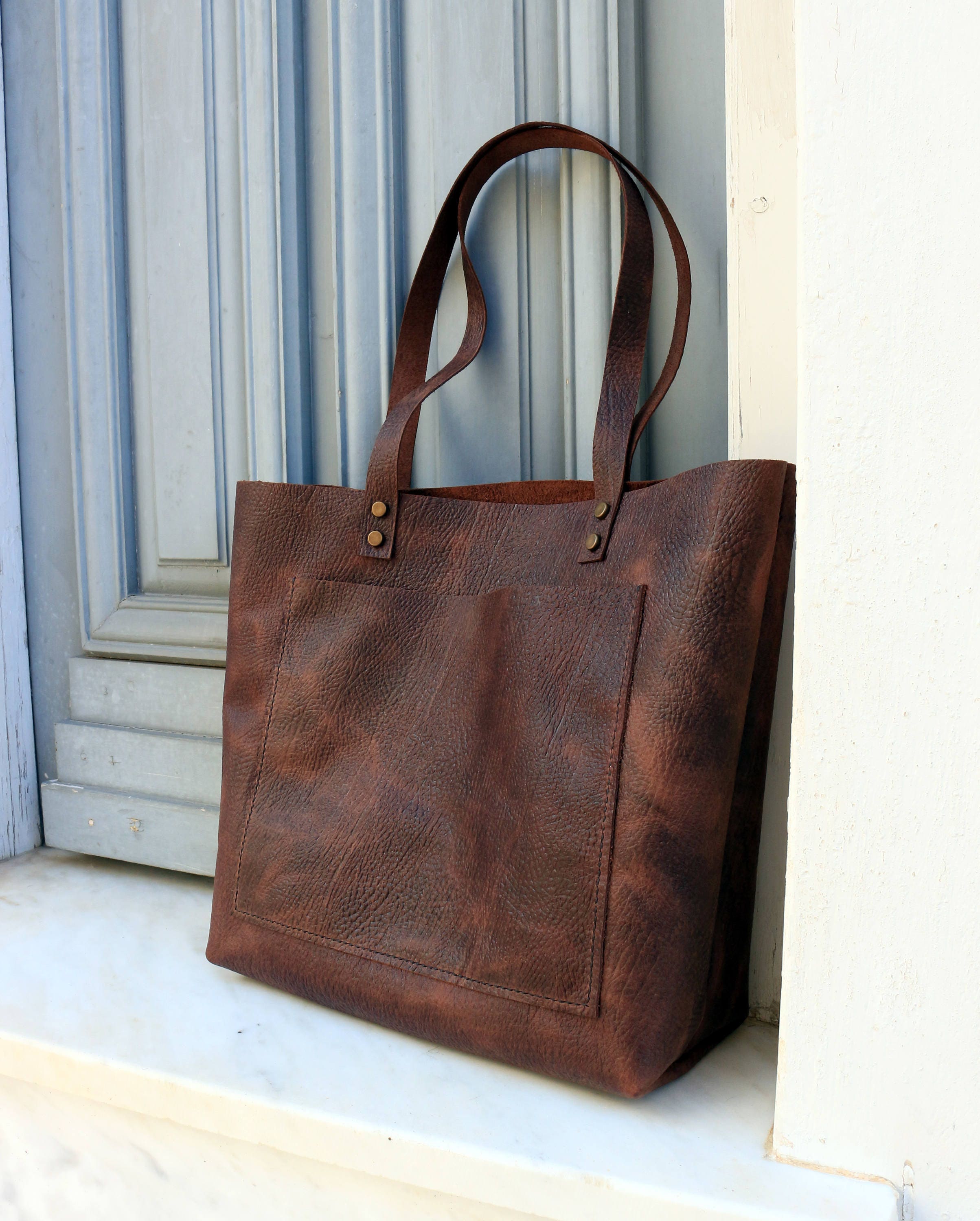 Brown Leather Tote
 Tote bag Dark Brown distressed leather tote Tote bag with