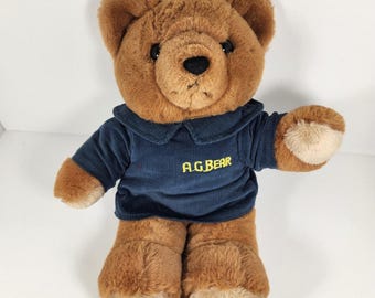 Vintage A.G. Bear Axlon 1980s Brown Plush Talking Toy Blue Corduroy Shirt 16"