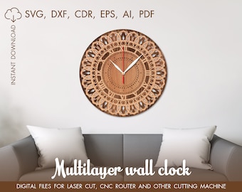 Multilayer Cutting modello, clock taglio laser, Wall Clock SVG, 3D Vector modelli digitali Dxf, SVG per strati, Cricut fai da te, orologio cnc glowforge
