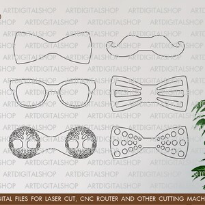 May include: A set of five black and white outline designs for laser cutting. The designs include a bow tie, a pair of glasses, a mustache, a bow tie with a patterned design, and a bow tie with a circle pattern.