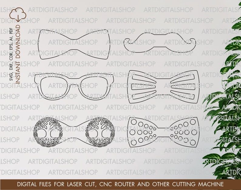 May include: A set of five black and white outline designs for laser cutting. The designs include a bow tie, a pair of glasses, a mustache, a bow tie with a patterned design, and a bow tie with a circle pattern.