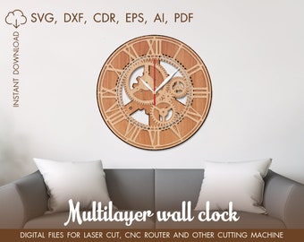 Wall clock SVG, cut file multilayer, Cricut diy, cnc multilayer clock, dxf, svg by layers, clock laser cut, CNC files, wall clock svg, pdf