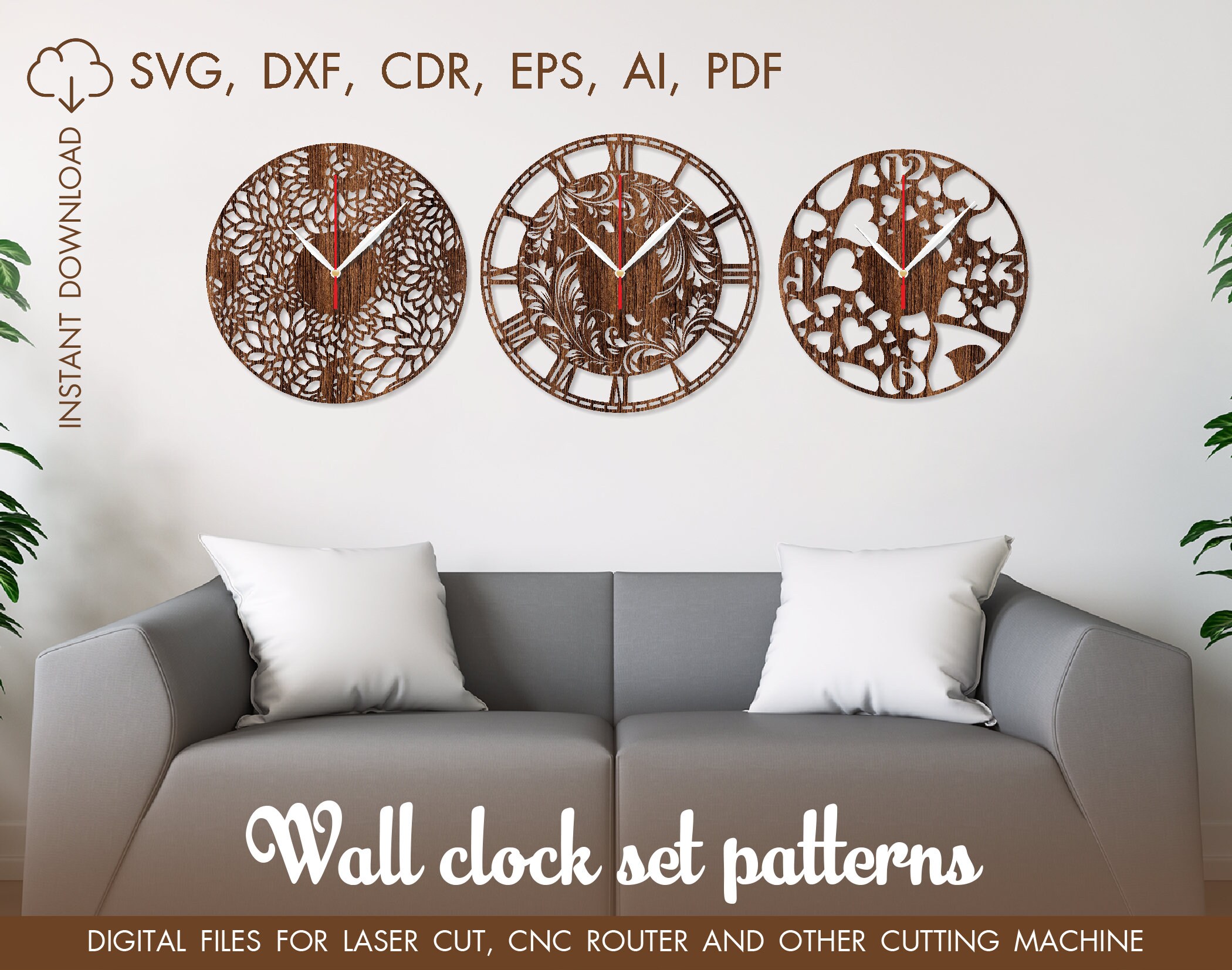 Set Wood Wall Clocks SVG, Clock Party, Cutting Model, Clock Laser Cut