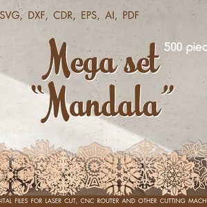May include: A digital download of 500 mandala designs in SVG, DXF, CDR, EPS, AI, and PDF formats. The designs are perfect for laser cutting, CNC routing, and other cutting machines.