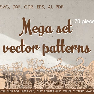 May include: A digital download of 70 vector patterns for laser cutting, CNC routing, and other cutting machines. The patterns include a variety of designs, such as hangers, glasses, mustaches, and a clock. The image shows a preview of some of the patterns.