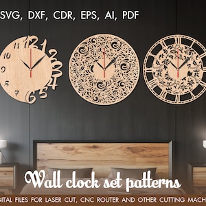 Set of 3 wall clocks Svg, Large clock, Cutting models, Clock laser cut, wall clock set patterns, CNC files, Wooden clocks, Classic clocks