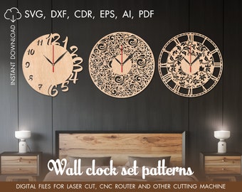 Set di 3 orologi da parete Svg, Grande orologio, Modelli di taglio, Taglio laser orologio, modelli di orologio a parete, file CNC, orologi in legno, orologi classici