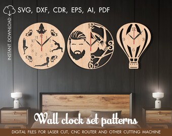 Set wall clock dxf, Yoga clock, Cutting model, Clock laser cut, cut vector models, barbers shop clock, papercutting template clock, cut svg