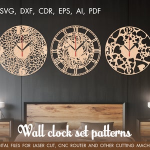 Set Wood wall clocks SVG, clock party, Cutting model, Clock laser cut, Laser cut template, CNC, Vector for CNC, Wooden clock, Cricut svg