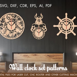 May include: Three laser cut wall clock patterns. The first pattern is a floral design, the second is a viking warrior, and the third is a ship's wheel.