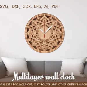 May include: A decorative, layered wall clock made of light brown wood. The clock face has an intricate design and white and red hands. The text "Multilayer wall clock" is displayed below the clock, along with file type information.