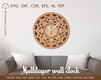 Cutting model, Clock laser cut, CNC files, cnc clock, Wall Clock SVG, Cut file Mandala, Multilayer Mandala, Vector digital templates