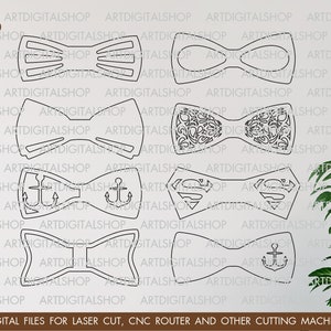 May include: A digital file set of ten different bow tie designs for laser cutting. The designs include a simple bow tie, a bow tie with a floral pattern, a bow tie with an anchor, a bow tie with a Superman logo, and a bow tie with a simple anchor.