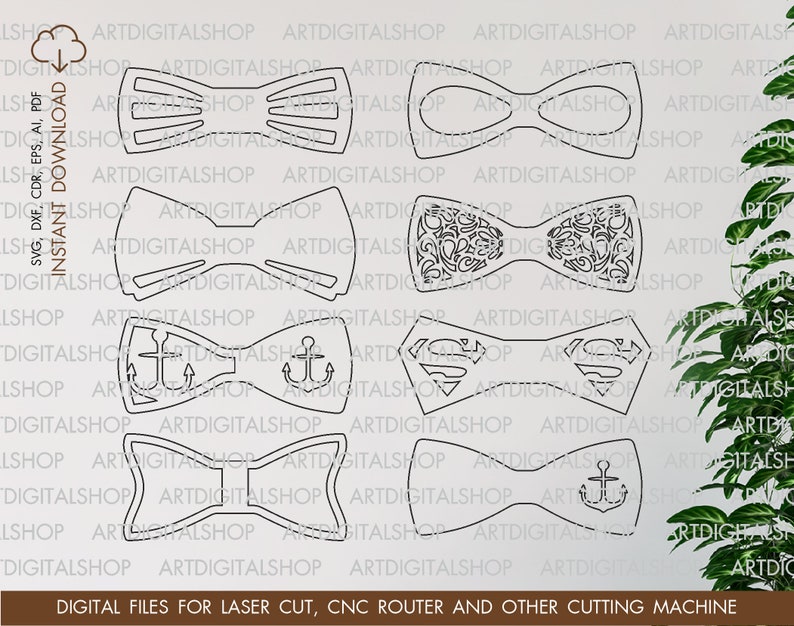 May include: A digital file set of ten different bow tie designs for laser cutting. The designs include a simple bow tie, a bow tie with a floral pattern, a bow tie with an anchor, a bow tie with a Superman logo, and a bow tie with a simple anchor.