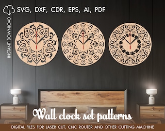 Set orologi da parete svg, Grande, Modello di taglio, Taglio laser orologio, Regalo di compleanno, file CNC, orologio cnc, orologio in stile fiore, Orologio Ornamentale svg