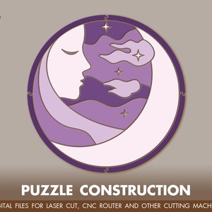 May include: A purple and white moon with stars and clouds in a circle. The text "PUZZLE CONSTRUCTION" is below the circle. The text "DIGITAL FILES FOR LASER CUT, CNC ROUTER AND OTHER CUTTING MACHINE" is below the text "PUZZLE CONSTRUCTION".