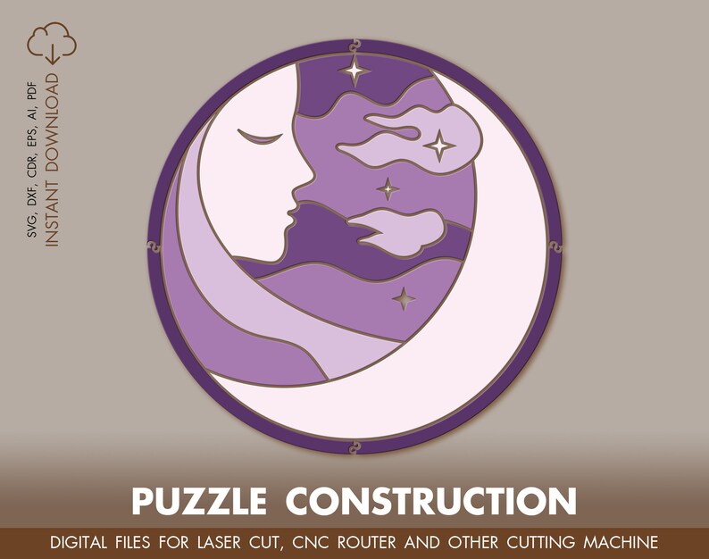 May include: A purple and white moon with stars and clouds in a circle. The text "PUZZLE CONSTRUCTION" is below the circle. The text "DIGITAL FILES FOR LASER CUT, CNC ROUTER AND OTHER CUTTING MACHINE" is below the text "PUZZLE CONSTRUCTION".