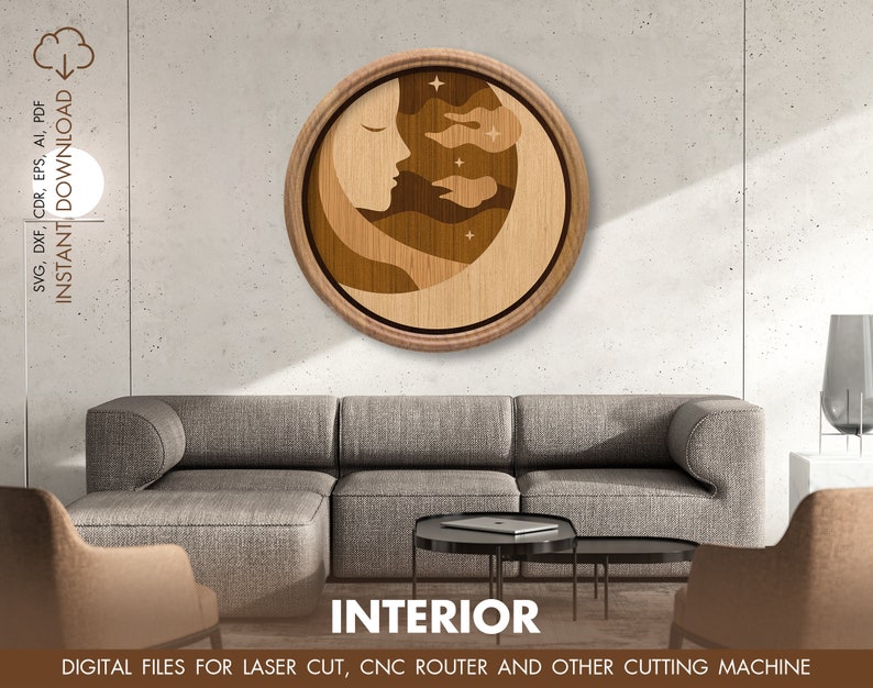 May include: A wooden wall art piece with a carved design of a face and clouds. The design is in shades of brown and beige. The art piece is framed in a circular wooden frame.