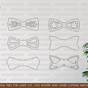 May include: Four different designs for bow ties, all in black outline. The designs include a geometric pattern, a simple bow tie, a bow tie with a star pattern, and a bow tie with a more intricate design.