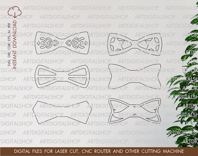 May include: Four different designs for bow ties, all in black outline. The designs include a geometric pattern, a simple bow tie, a bow tie with a star pattern, and a bow tie with a more intricate design.