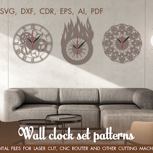 Set of 3 wall clocks, Vector for CNC, Cutting model, Clock laser cut, Laser cut template CNC files, cnc clock, vinyl clock svg, Pdf, EPS image 2