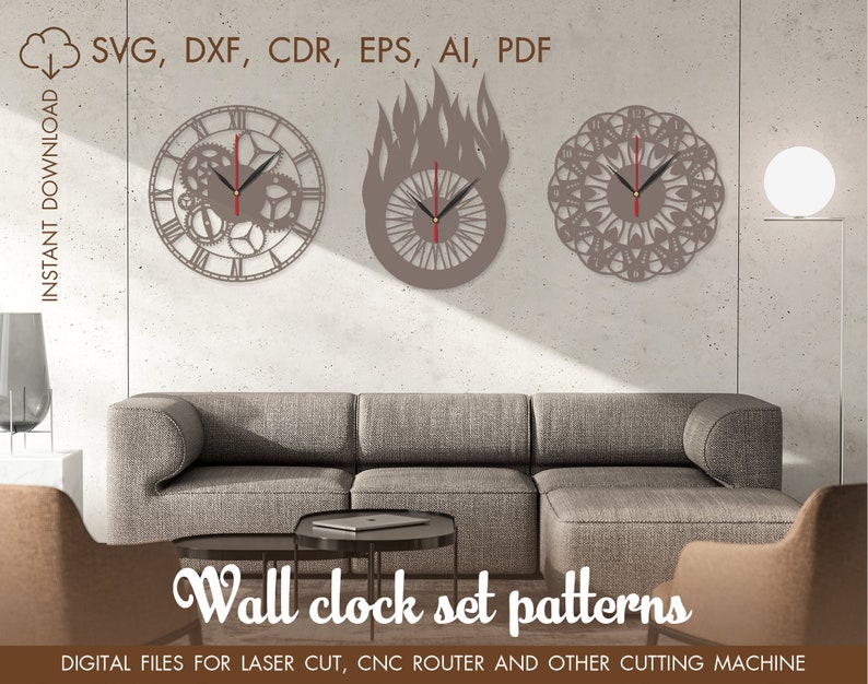 Set of 3 wall clocks, Vector for CNC, Cutting model, Clock laser cut, Laser cut template CNC files, cnc clock, vinyl clock svg, Pdf, EPS image 2