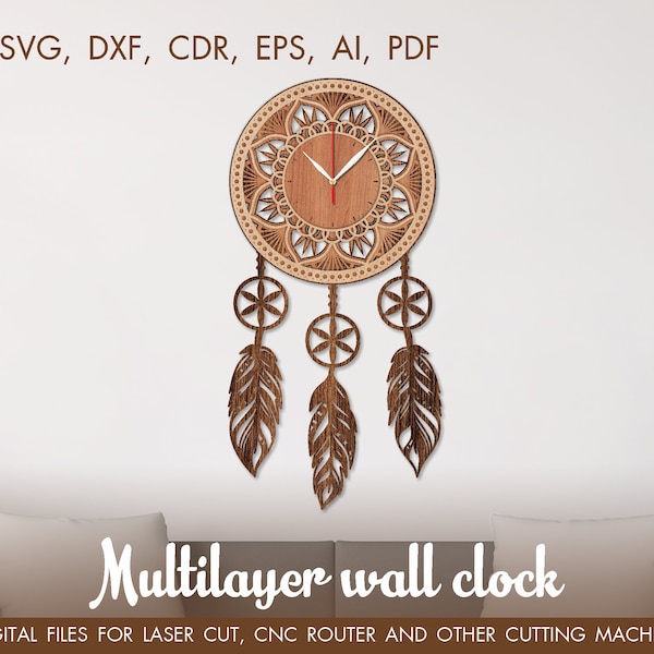 Dreamcatcher clock laser cut, wood wall clock, Laser cut template, Cutting model CNC file, cnc clock, Wooden clock svg, Boho style clock dxf