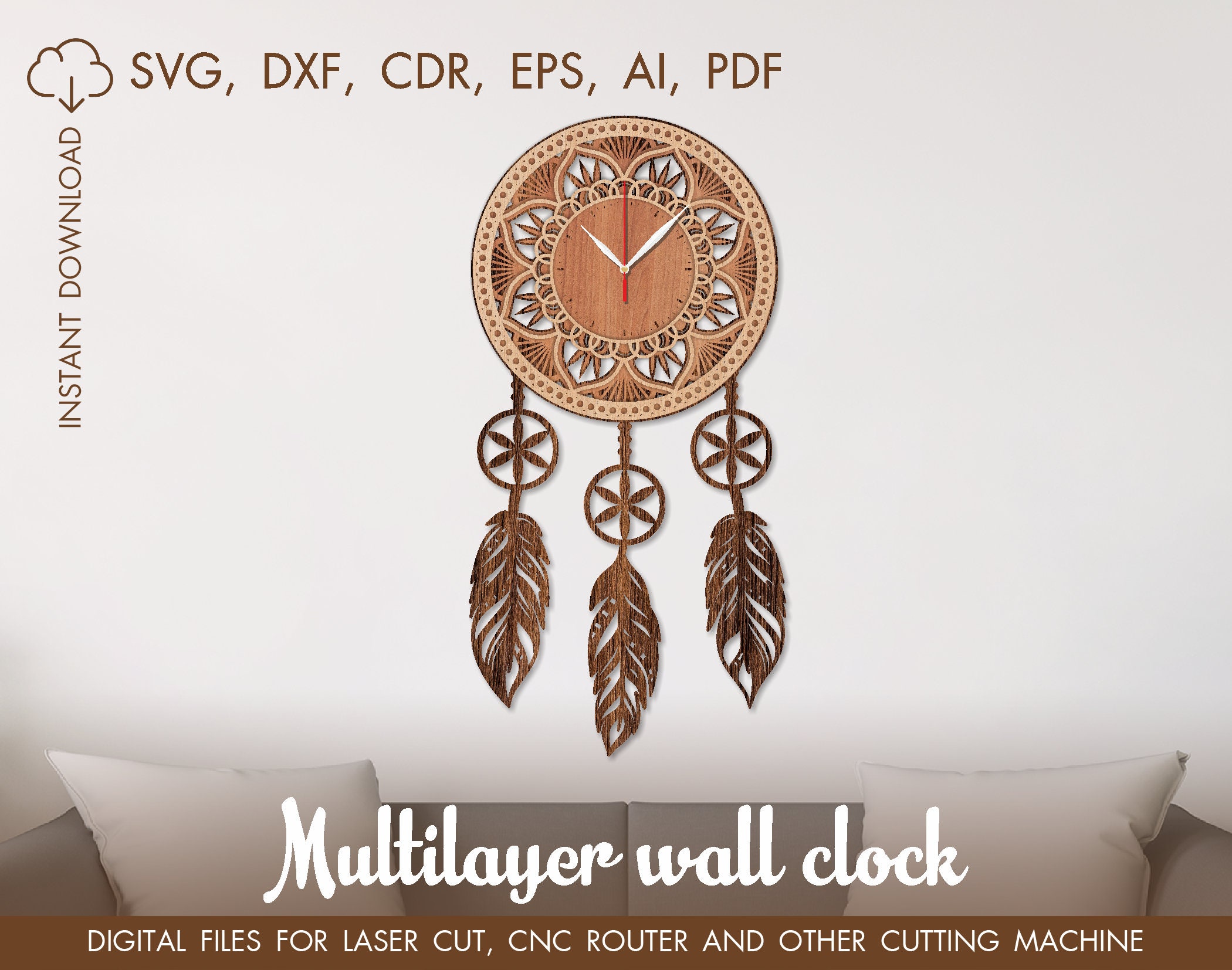 Dreamcatcher clock laser cut, wood wall clock, Laser cut template, Cutting model CNC file, cnc clock, Wooden clock svg, Boho style clock dxf