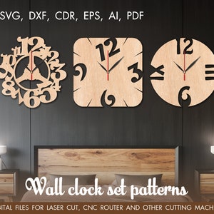 Satz von 3 Wanduhr Svg, große Uhr, Schneiden Modell, Uhr Laser geschnitten, Geburtstagsgeschenk, CNC-Dateien, Cnc-Uhr, Holz uhr Svg, klassische Uhr