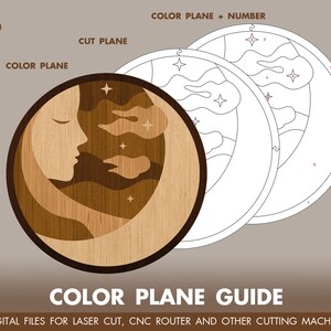 May include: A color plane guide for a wood carving project. The guide shows the different colors of wood to be used for each section of the carving. The carving is of a crescent moon with a face and stars. The text "COLOR PLANE GUIDE" is at the bottom of the image. The text "DIGITAL FILES FOR LASER CUT, CNC ROUTER AND OTHER CUTTING MACHINE" is below the guide.