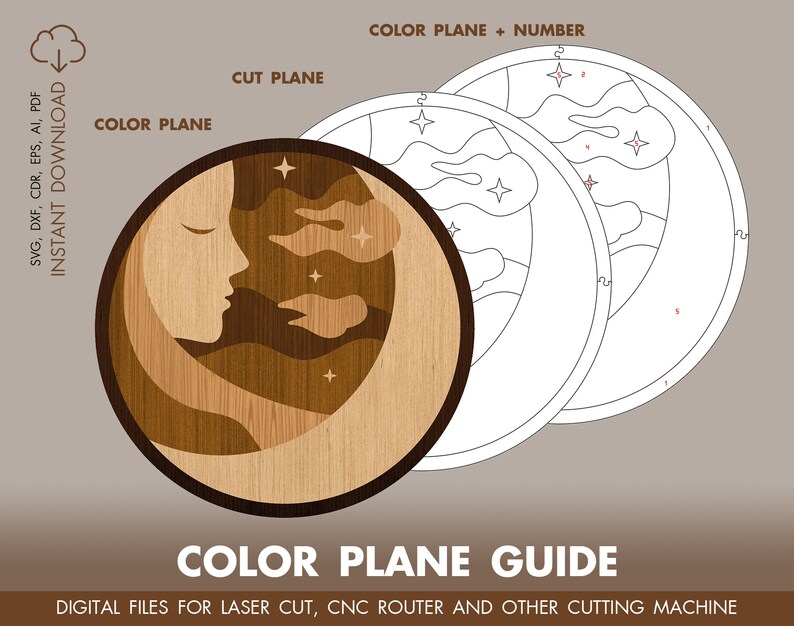 May include: A color plane guide for a wood carving project. The guide shows the different colors of wood to be used for each section of the carving. The carving is of a crescent moon with a face and stars. The text "COLOR PLANE GUIDE" is at the bottom of the image. The text "DIGITAL FILES FOR LASER CUT, CNC ROUTER AND OTHER CUTTING MACHINE" is below the guide.