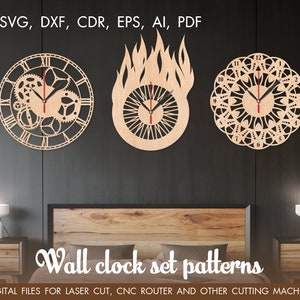 Set of 3 wall clocks, Vector for CNC, Cutting model, Clock laser cut, Laser cut template CNC files, cnc clock, vinyl clock svg, Pdf, EPS