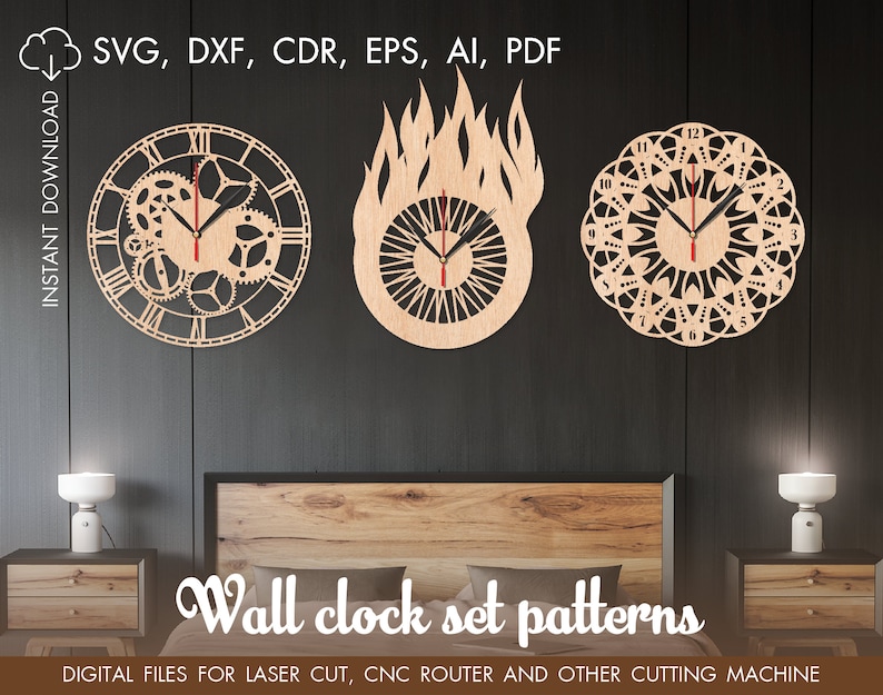 Set of 3 wall clocks, Vector for CNC, Cutting model, Clock laser cut, Laser cut template CNC files, cnc clock, vinyl clock svg, Pdf, EPS image 1
