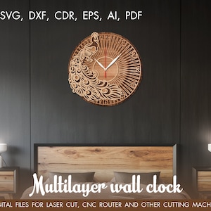Peacock wall clock dxf, Large clock, Cutting model, Clock laser cut, cut file multilayer, Cricut diy, cnc multilayer clock, modern clock svg image 3