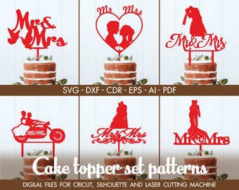Set di 6 topers da sposa Mr and Mrs, file PDF per Cricut, Silhouette, Vinyl Cutters e Projects svg, Wedding Decor, Vector for CNC, MM-2